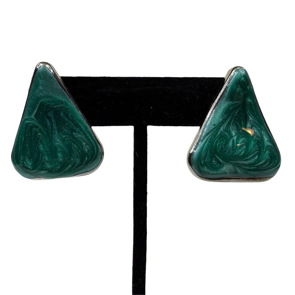 Vintage Green Swirl Enamel Clip On Earrings Silver Tone Teardrop Fashion Jewelry